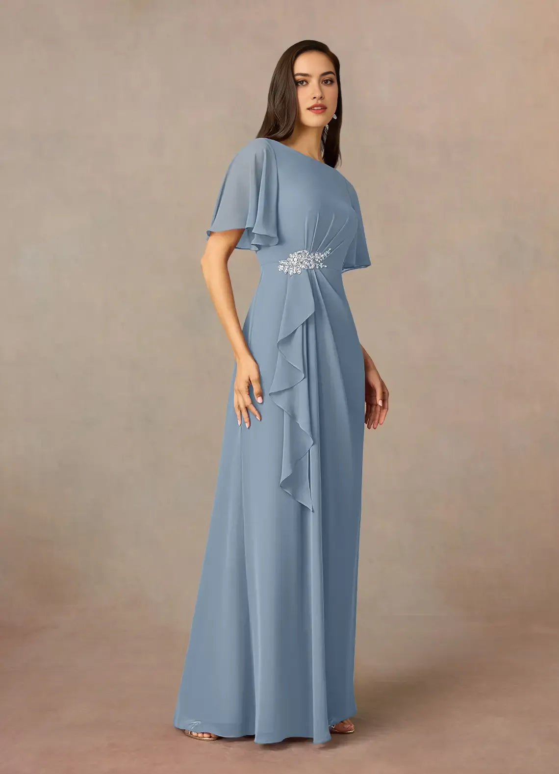 Blue Unique Dusty Sheath Mother of the Bride Dresses Sophisticated Boat Neckline Sheer Short Sleeves Sparkling Accent