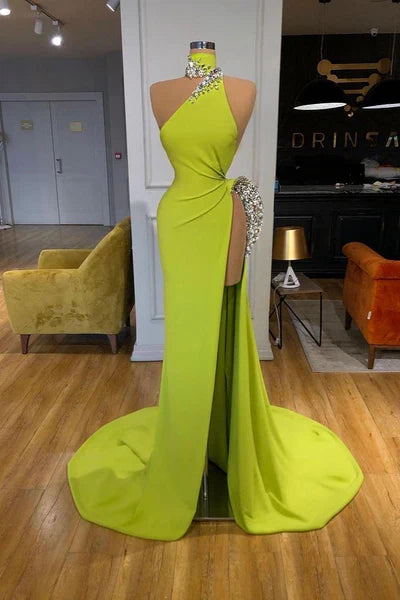 Yellow Unique Ginger Triangle Neck Sexy high side-cut Long Evening Dress