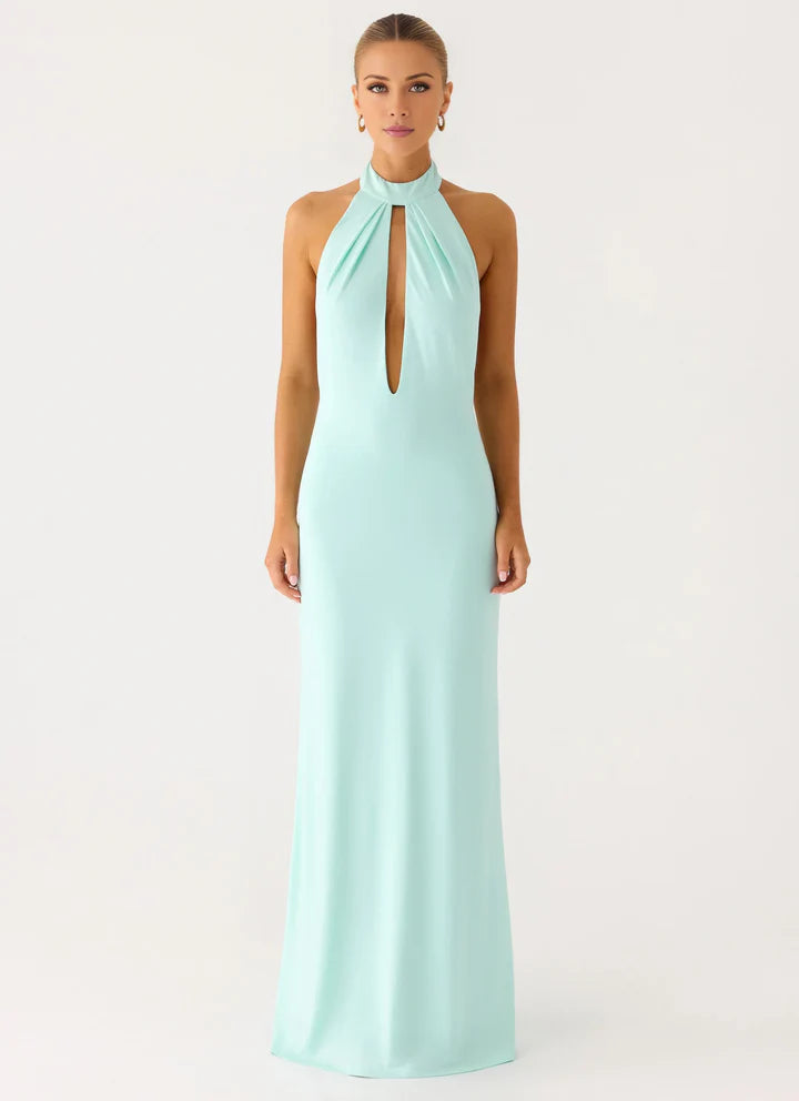 Mint Halter Neck Keyhole Open-Back Floor-Length Prom Dress