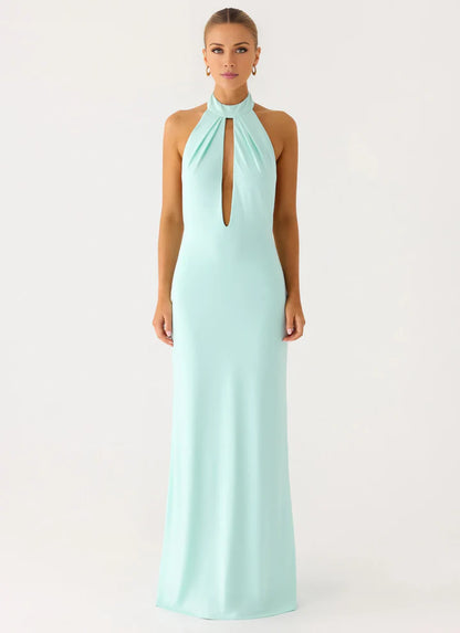 Elegant Red Mermaid Halter-Neck Classic-Sleeve Open-Back Floor-Length Prom Dress