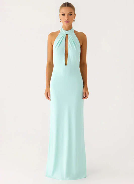 Elegant Red Mermaid Halter-Neck Classic-Sleeve Open-Back Floor-Length Prom Dress