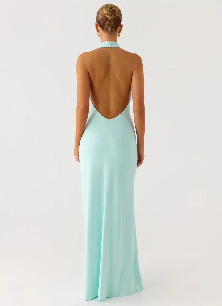 Mint Halter Neck Keyhole Open-Back Floor-Length Prom Dress