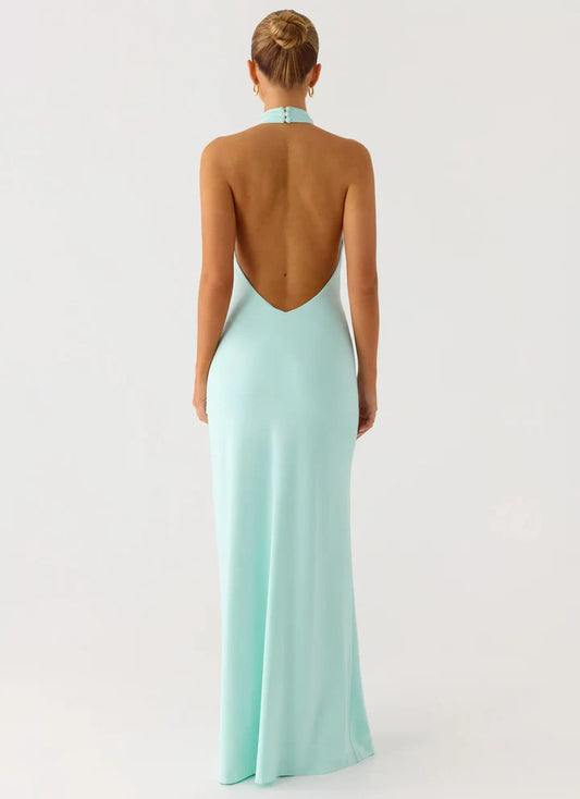 Elegant Red Mermaid Halter-Neck Classic-Sleeve Open-Back Floor-Length Prom Dress