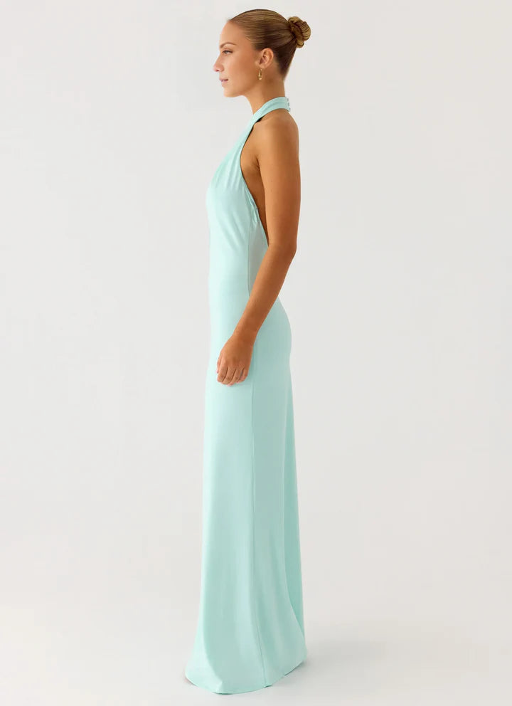 Mint Halter Neck Keyhole Open-Back Floor-Length Prom Dress