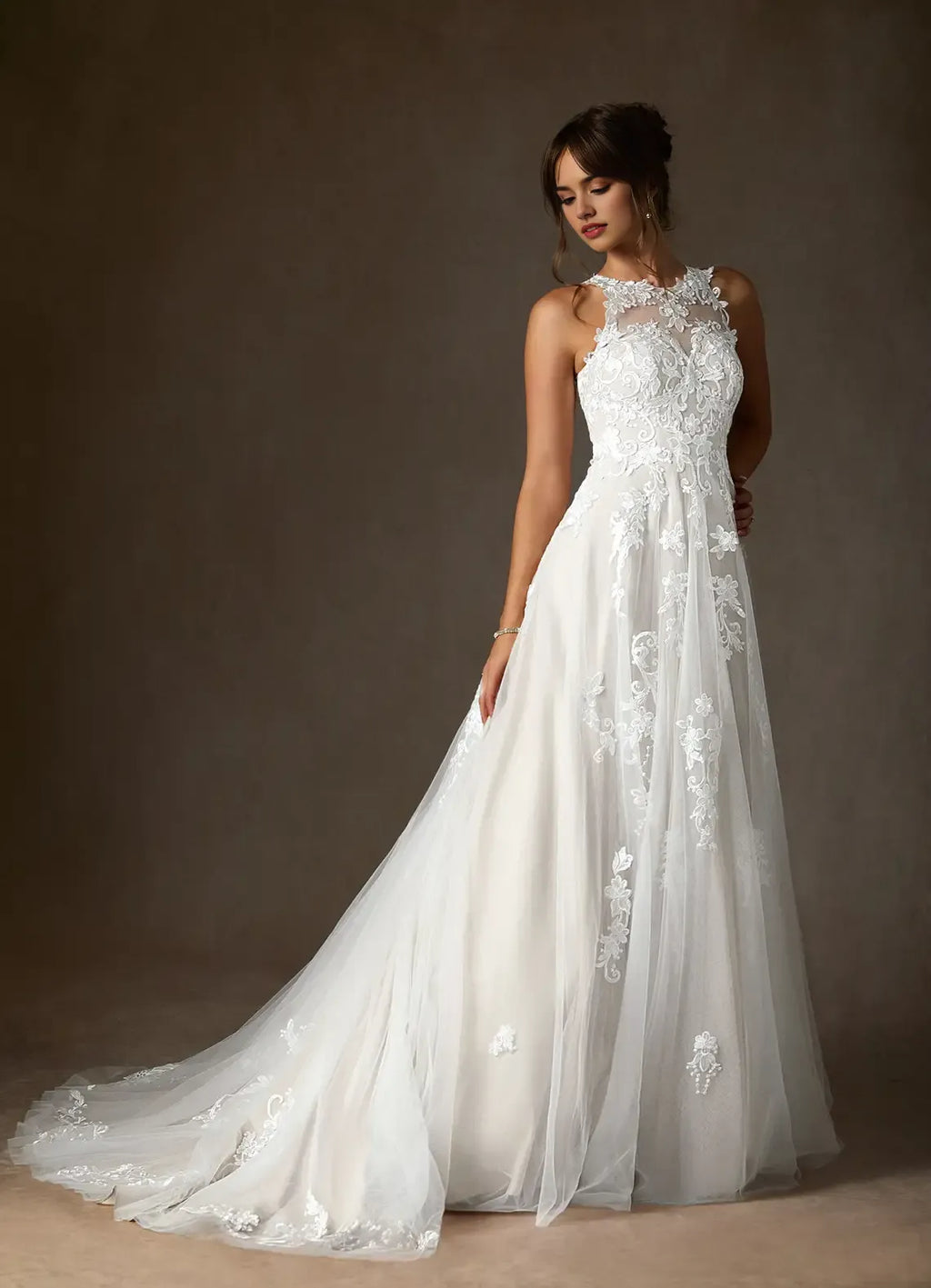 Unique High Neck A-Line Sweetheart Wedding Dress Sheer Illusion Bodice Floral Appliqués Ball Gown Train Premium Pick for Fashion