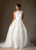 Unique High Neck A-Line Sweetheart Wedding Dress Sheer Illusion Bodice Floral Appliqués Ball Gown Train Premium Pick for Fashion