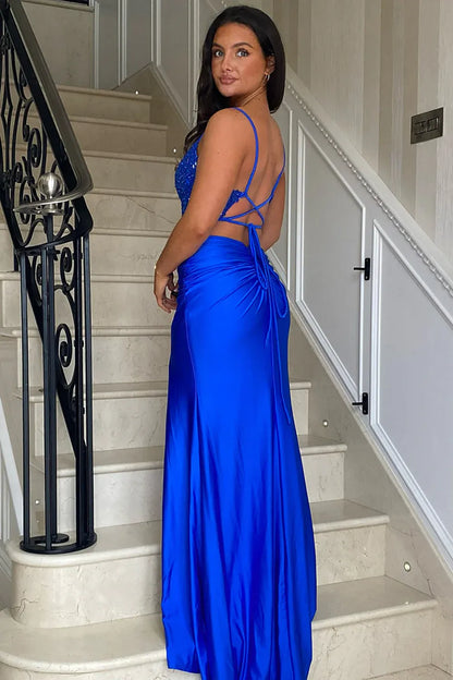 Refined Beautiful Timeless Chic Elegant Royal Blue Satin Mermaid Sleeveless Prom Dress