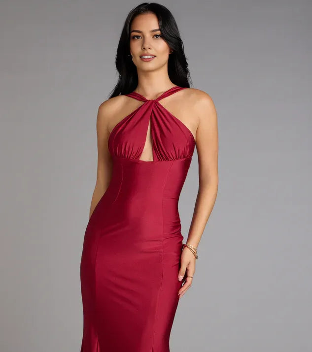 Refined Beautiful Timeless Chic Elegant Burgundy Lace Mermaid Halter Sleeveless Prom Dress