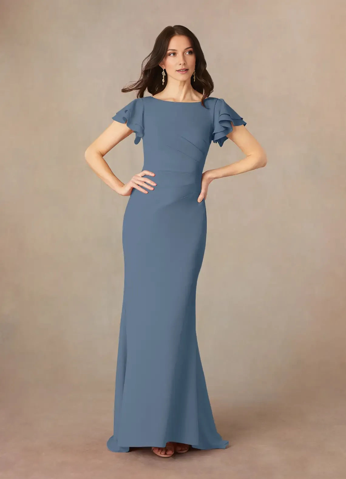 Unique Mermaid Mother of the Bride Dresses with Flutter Short Sleeves Boat Neckline Ruched Waist and Mermaid Silhouette