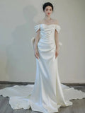 Unique Mermaid Off The Shoulder Pleats Short Sleeves Fitted Tight for Women Wedding Dresses