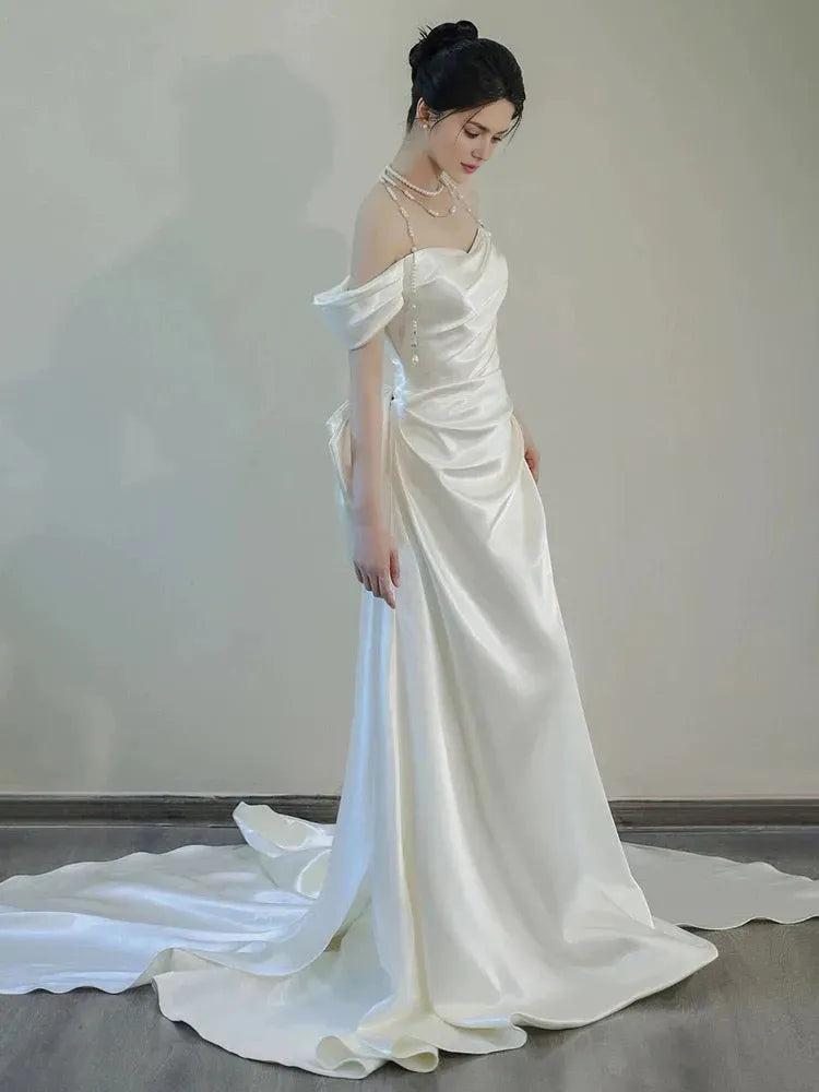 Unique Mermaid Off The Shoulder Pleats Short Sleeves Fitted Tight for Women Wedding Dresses
