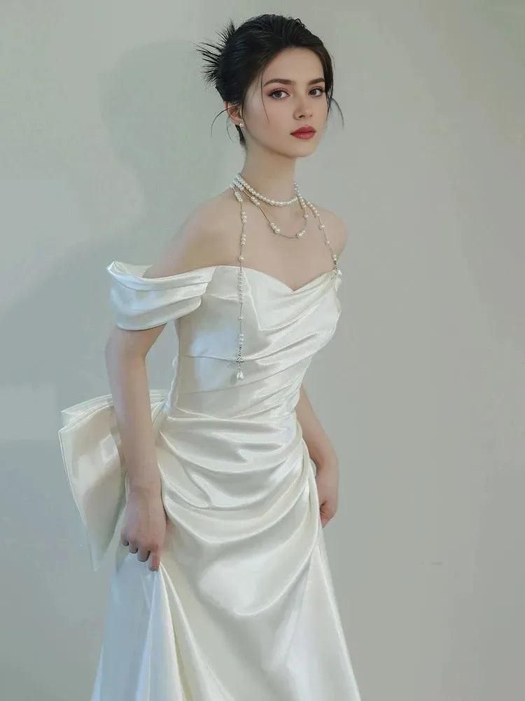 Unique Mermaid Off The Shoulder Pleats Short Sleeves Fitted Tight for Women Wedding Dresses