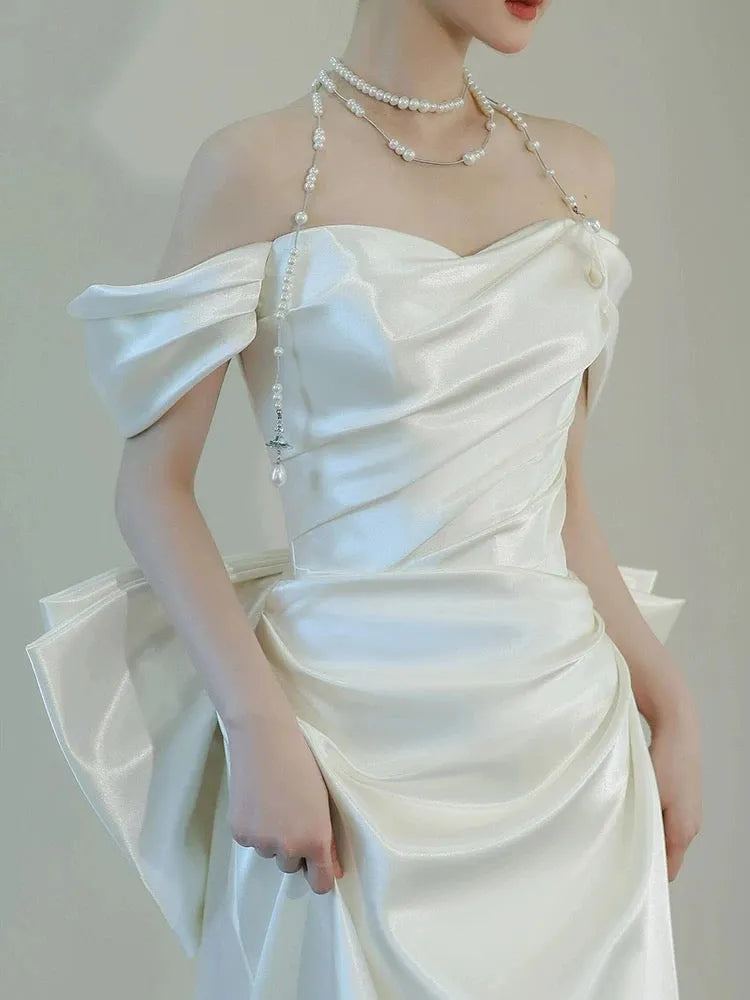Unique Mermaid Off The Shoulder Pleats Short Sleeves Fitted Tight for Women Wedding Dresses