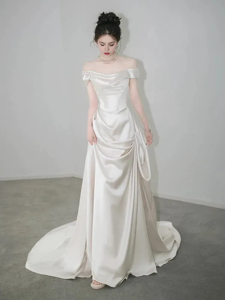 Ivory Unique Mermaid Off The Shoulder Pleats Short Sleeves Wedding Dresses