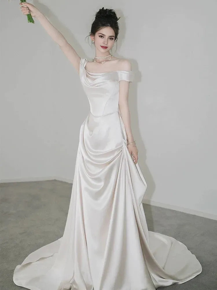 Ivory Unique Mermaid Off The Shoulder Pleats Short Sleeves Wedding Dresses