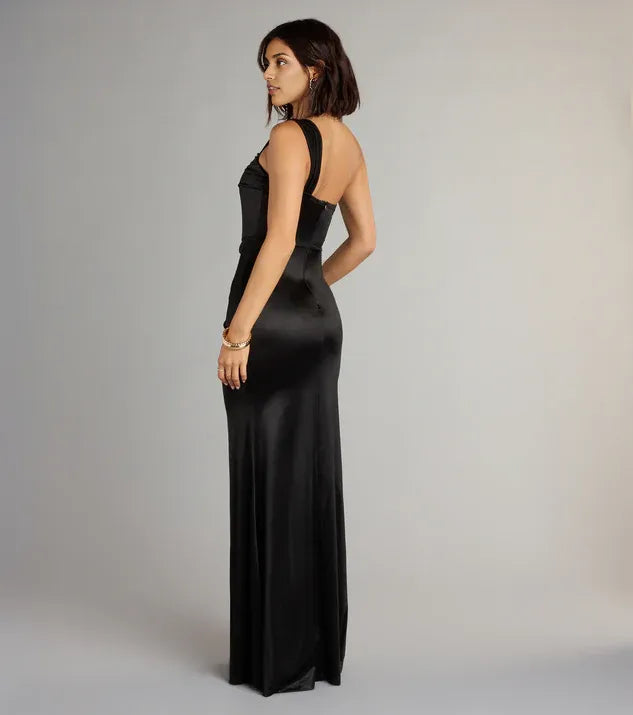 Special Occasion Sophisticated Elegant Black Satin Mermaid One-Shoulder Sleeveless Floor-Length Prom Dress