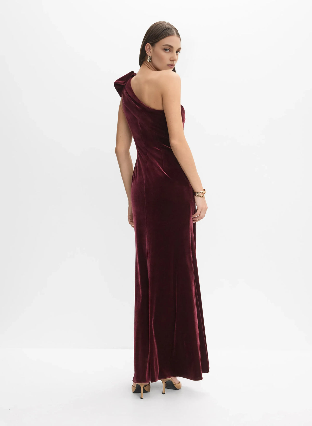 Sophisticated Graceful Stylish Elegant Burgundy Velvet Mermaid One-Shoulder Sleeveless Floor-Length Prom Dress