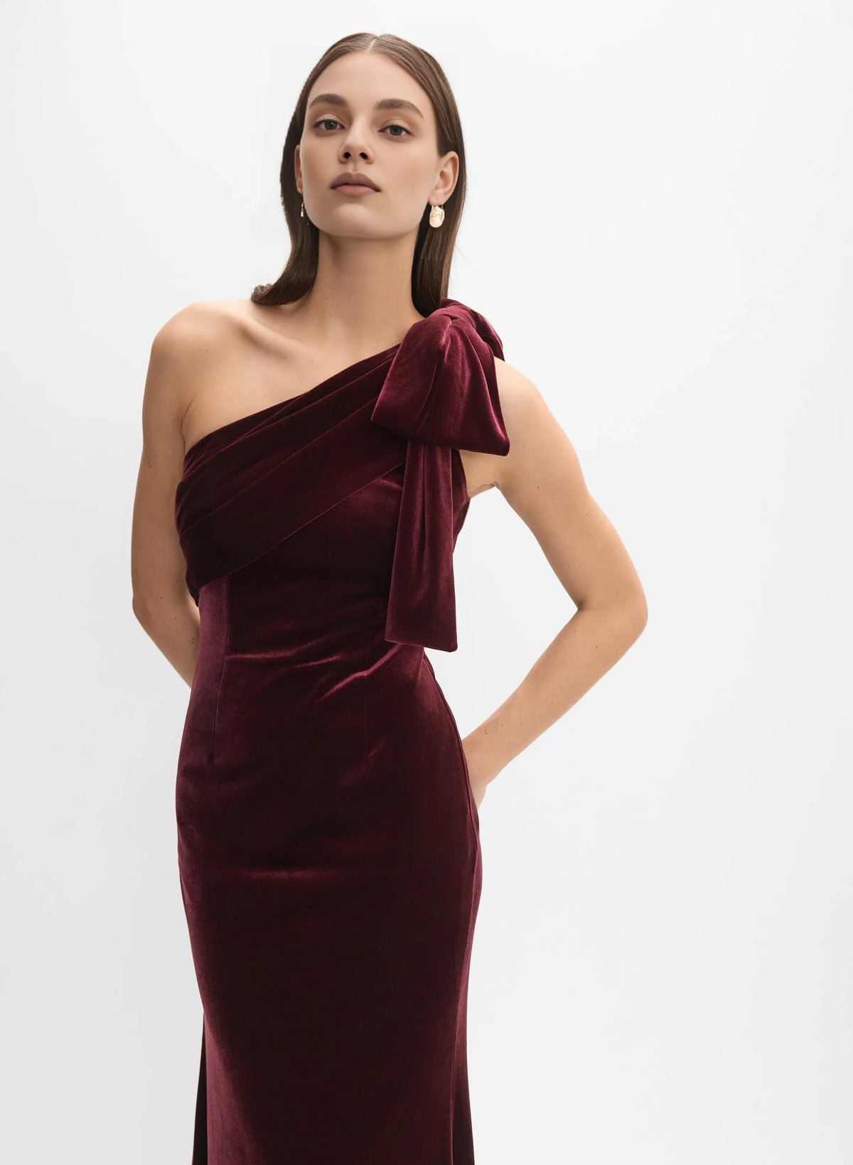 Sophisticated Graceful Stylish Elegant Burgundy Velvet Mermaid One-Shoulder Sleeveless Floor-Length Prom Dress
