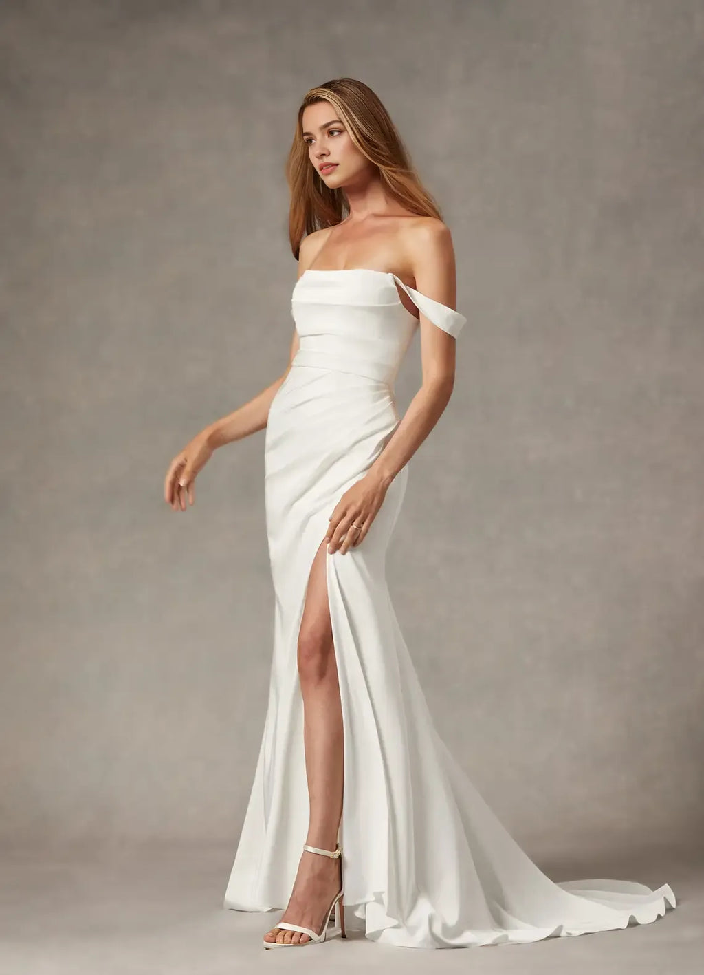 Unique Mermaid Scoop Pleated Back Wedding Dresses Off - Shoulder Neckline Draped Ruched Detailing High Slit Train Stand Out with Elegant Bridal Style