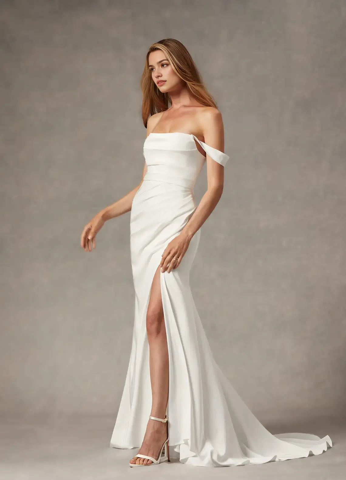 Unique Mermaid Scoop Pleated Back Wedding Dresses Off - Shoulder Neckline Draped Ruched Detailing High Slit Train Stand Out with Elegant Bridal Style