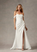Unique Mermaid Scoop Pleated Back Wedding Dresses Off - Shoulder Neckline Draped Ruched Detailing High Slit Train Stand Out with Elegant Bridal Style