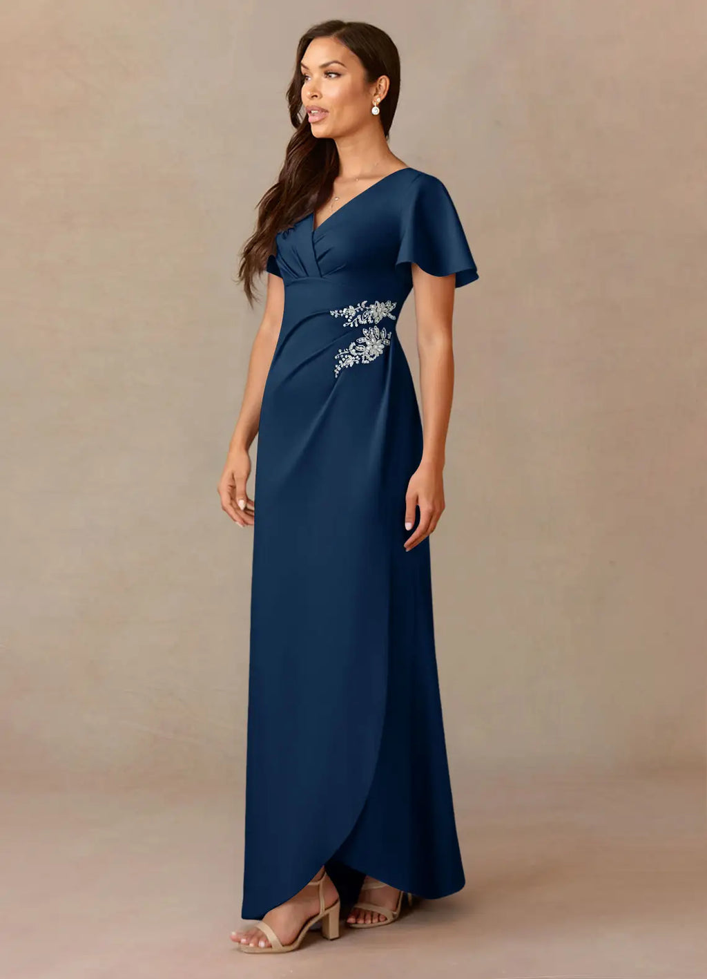 Navy Unique Mother of the Bride Dresses Sophisticated V - Neckline Sheer Flutter Sleeves Draped Ruched Detailing Sparkling Floral Embroidery Timeless Asymmetric Hemli