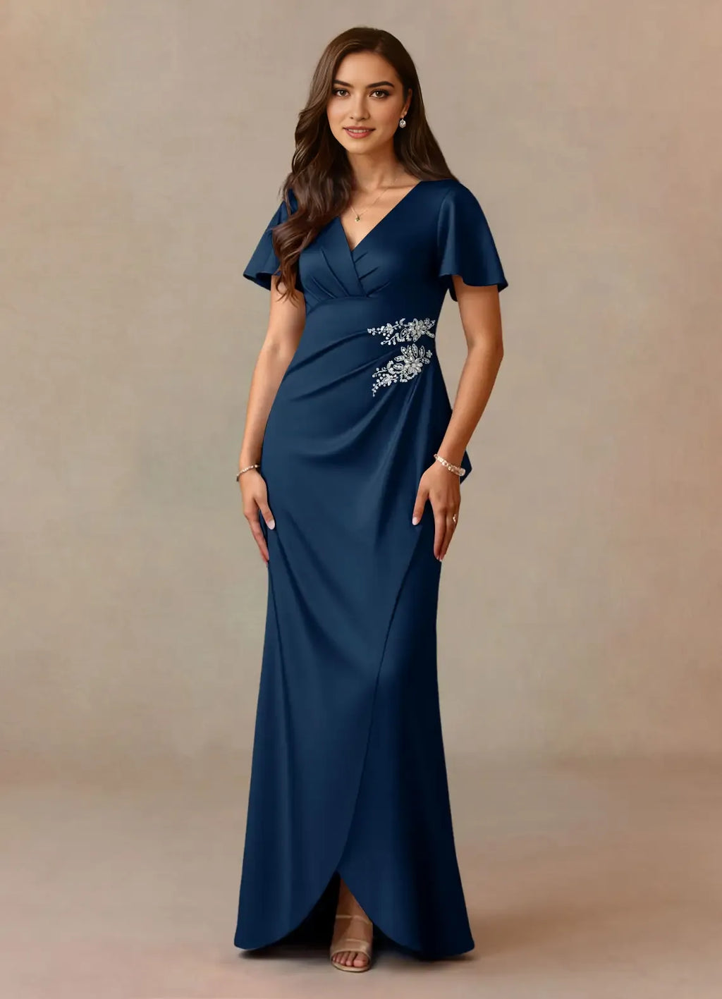 Navy Unique Mother of the Bride Dresses Sophisticated V - Neckline Sheer Flutter Sleeves Draped Ruched Detailing Sparkling Floral Embroidery Timeless Asymmetric Hemli
