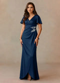 Navy Unique Mother of the Bride Dresses Sophisticated V - Neckline Sheer Flutter Sleeves Draped Ruched Detailing Sparkling Floral Embroidery Timeless Asymmetric Hemli