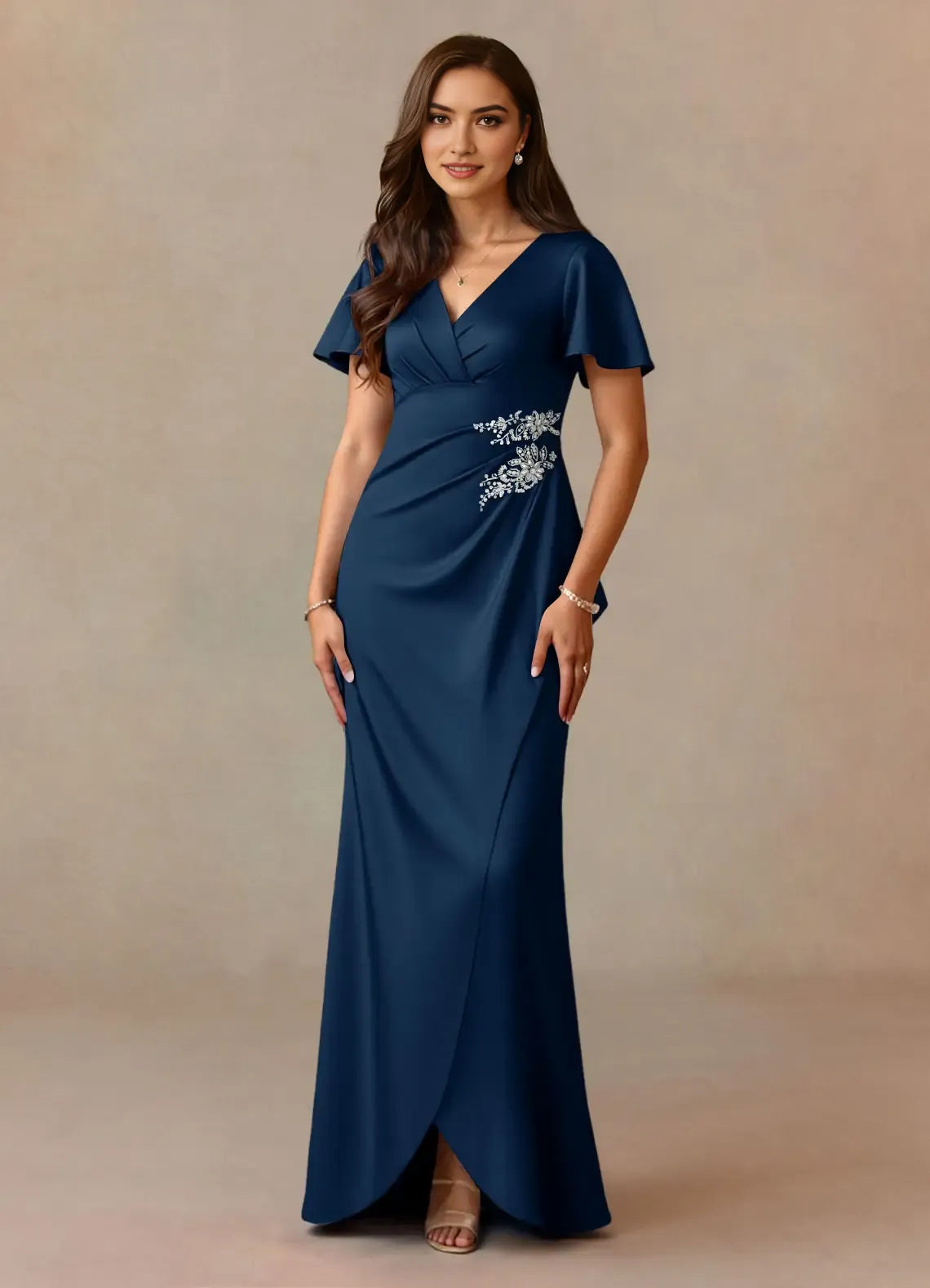 Navy Unique Mother of the Bride Dresses Sophisticated V - Neckline Sheer Flutter Sleeves Draped Ruched Detailing Sparkling Floral Embroidery Timeless Asymmetric Hemli