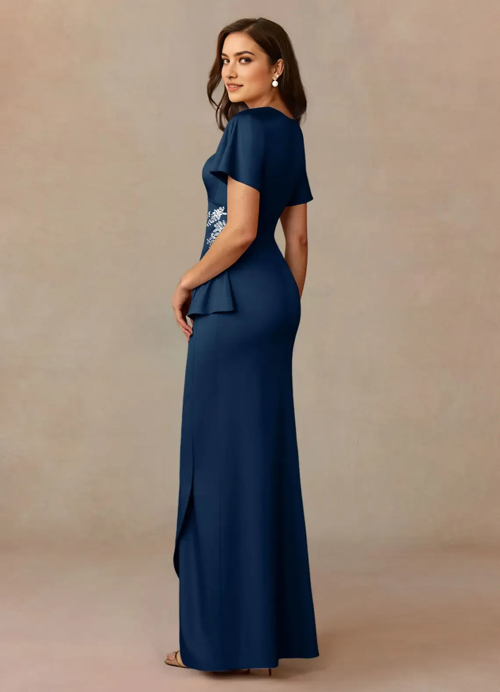 Navy Unique Mother of the Bride Dresses Sophisticated V - Neckline Sheer Flutter Sleeves Draped Ruched Detailing Sparkling Floral Embroidery Timeless Asymmetric Hemli