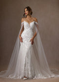 Unique Off Shoulder Mermaid V-Neck Sequins Cape Wedding Dress Sheer Floral Appliqués Plunging Sequins Silhouette Train