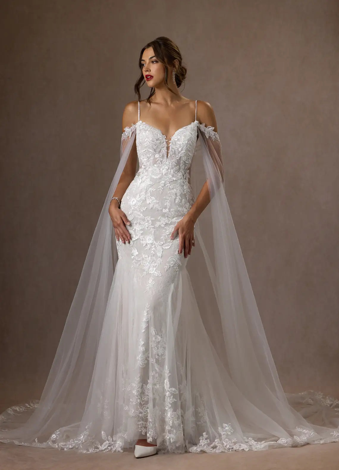 Unique Off Shoulder Mermaid V-Neck Sequins Cape Wedding Dress Sheer Floral Appliqués Plunging Sequins Silhouette Train