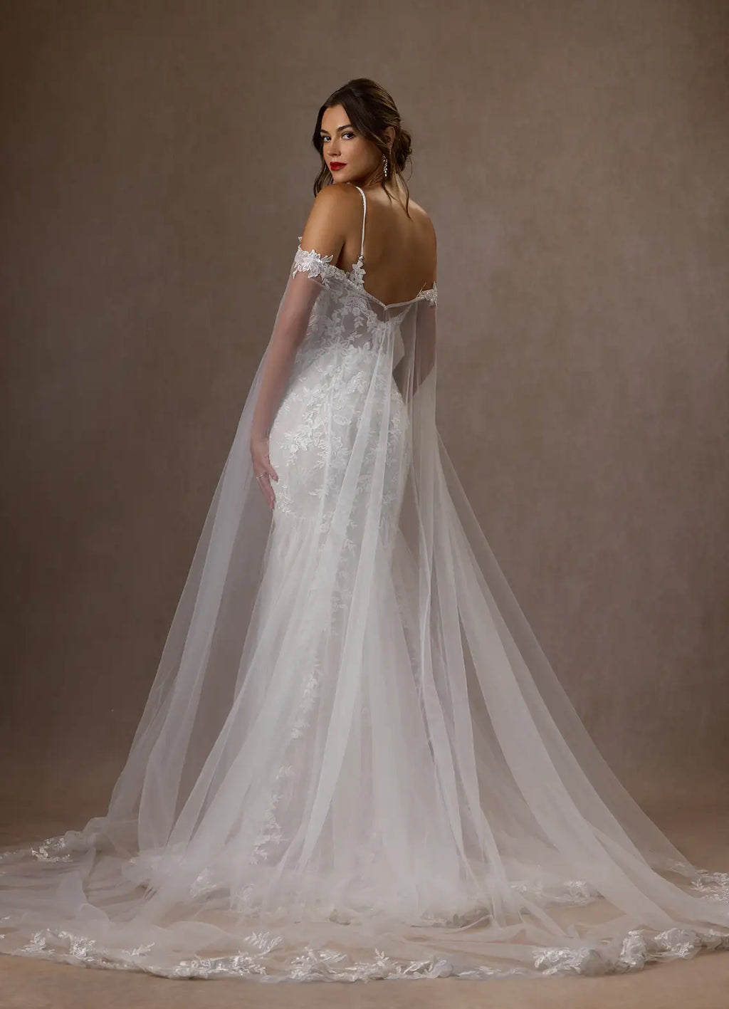 Unique Off Shoulder Mermaid V-Neck Sequins Cape Wedding Dress Sheer Floral Appliqués Plunging Sequins Silhouette Train