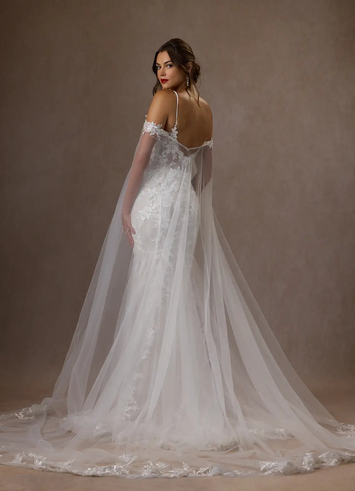 Unique Off Shoulder Mermaid V-Neck Sequins Cape Wedding Dress Sheer Floral Appliqués Plunging Sequins Silhouette Train