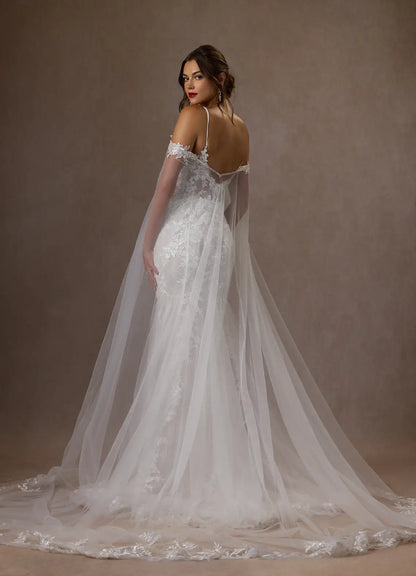 Elegant Applique Mermaid V-Neck Classic-Sleeve Classic-Back Floor-Length Wedding Dress