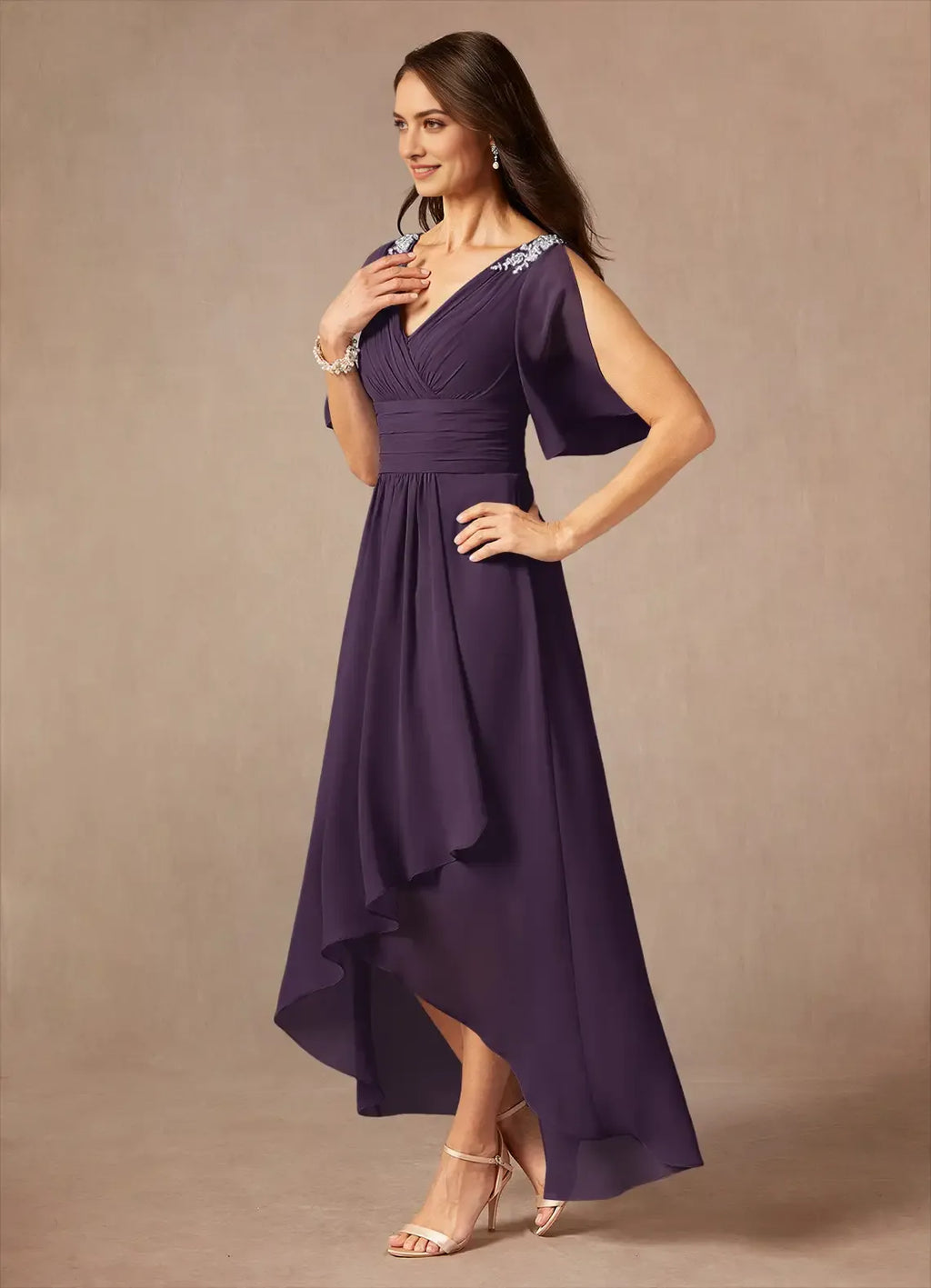 Plum Unique A-Line Pleated Mother of the Bride Dresses with Shoulder Accents Surplice V - Neck Flutter Sleeves Sophisticated