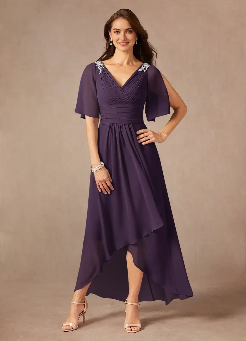 Plum Unique A-Line Pleated Mother of the Bride Dresses with Shoulder Accents Surplice V - Neck Flutter Sleeves Sophisticated