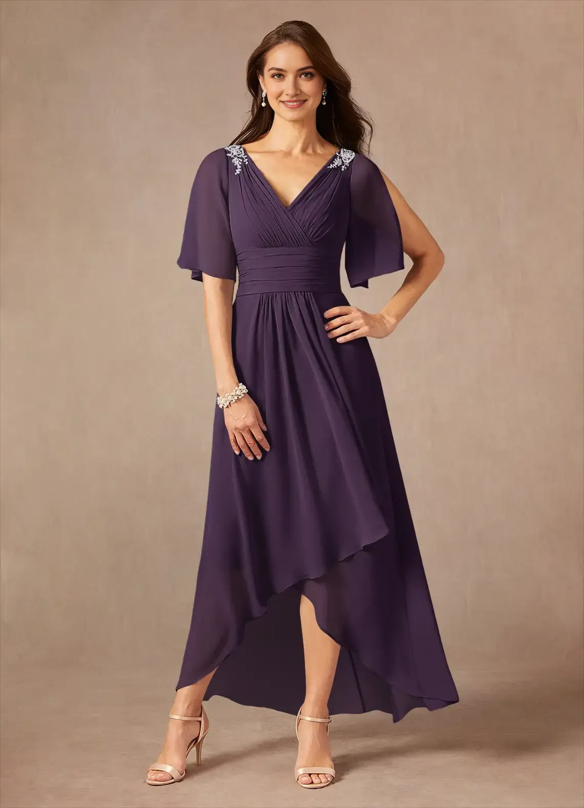 Plum Unique A-Line Pleated Mother of the Bride Dresses with Shoulder Accents Surplice V - Neck Flutter Sleeves Sophisticated