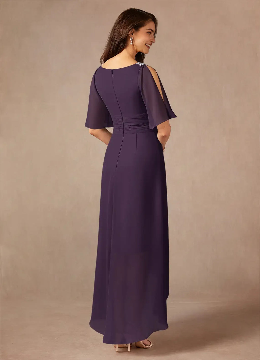 Plum Unique A-Line Pleated Mother of the Bride Dresses with Shoulder Accents Surplice V - Neck Flutter Sleeves Sophisticated
