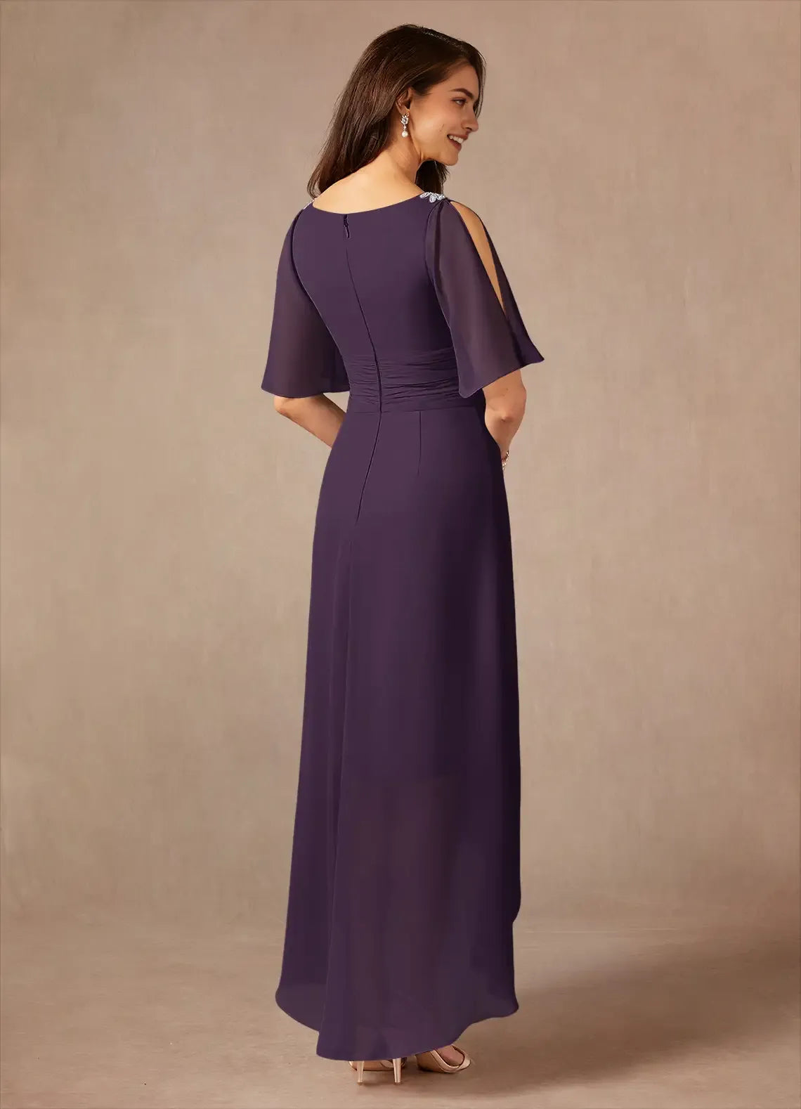 Plum Unique A-Line Pleated Mother of the Bride Dresses with Shoulder Accents Surplice V - Neck Flutter Sleeves Sophisticated