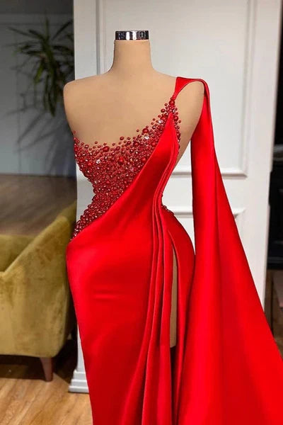 Red Unique Stones Sleeveless High split mermaid Evening Dress