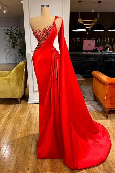 Red Unique Stones Sleeveless High split mermaid Evening Dress