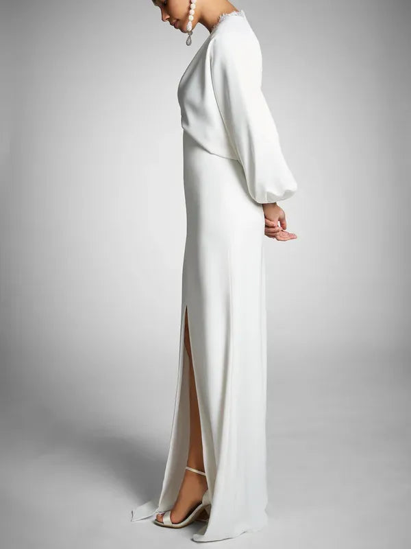 Unique Wedding Gown Deep V - Neck Sheer Lantern Sleeves Accent High Side Slit