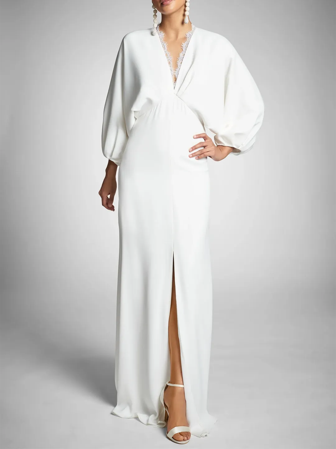 Unique Wedding Gown Deep V - Neck Sheer Lantern Sleeves Accent High Side Slit