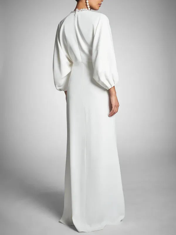 Unique Wedding Gown Deep V - Neck Sheer Lantern Sleeves Accent High Side Slit