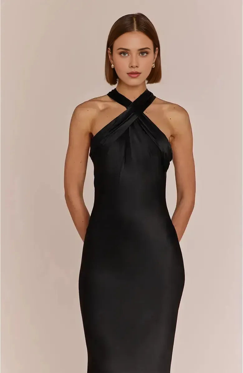 Refined Beautiful Timeless Elegant Black Satin Sheath Halter Sleeveless Floor-Length Prom Dress