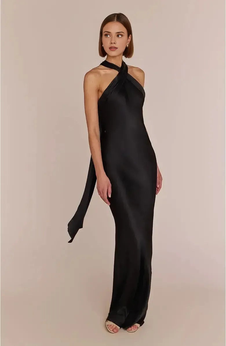 Refined Beautiful Timeless Elegant Black Satin Sheath Halter Sleeveless Floor-Length Prom Dress
