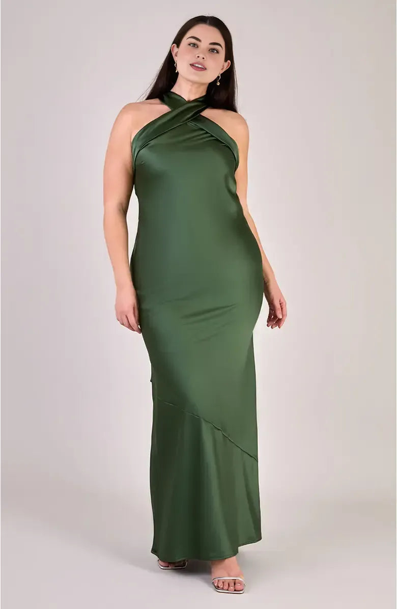 Refined Beautiful Elegant Emerald Green Satin Sheath Halter Sleeveless Floor-Length Prom Dress