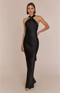 Refined Beautiful Timeless Elegant Black Satin Sheath Halter Sleeveless Floor-Length Prom Dress