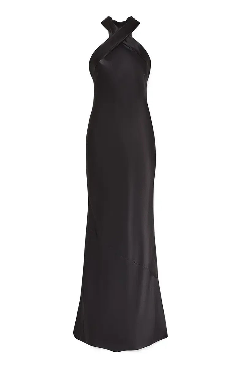 Refined Beautiful Timeless Elegant Black Satin Sheath Halter Sleeveless Floor-Length Prom Dress